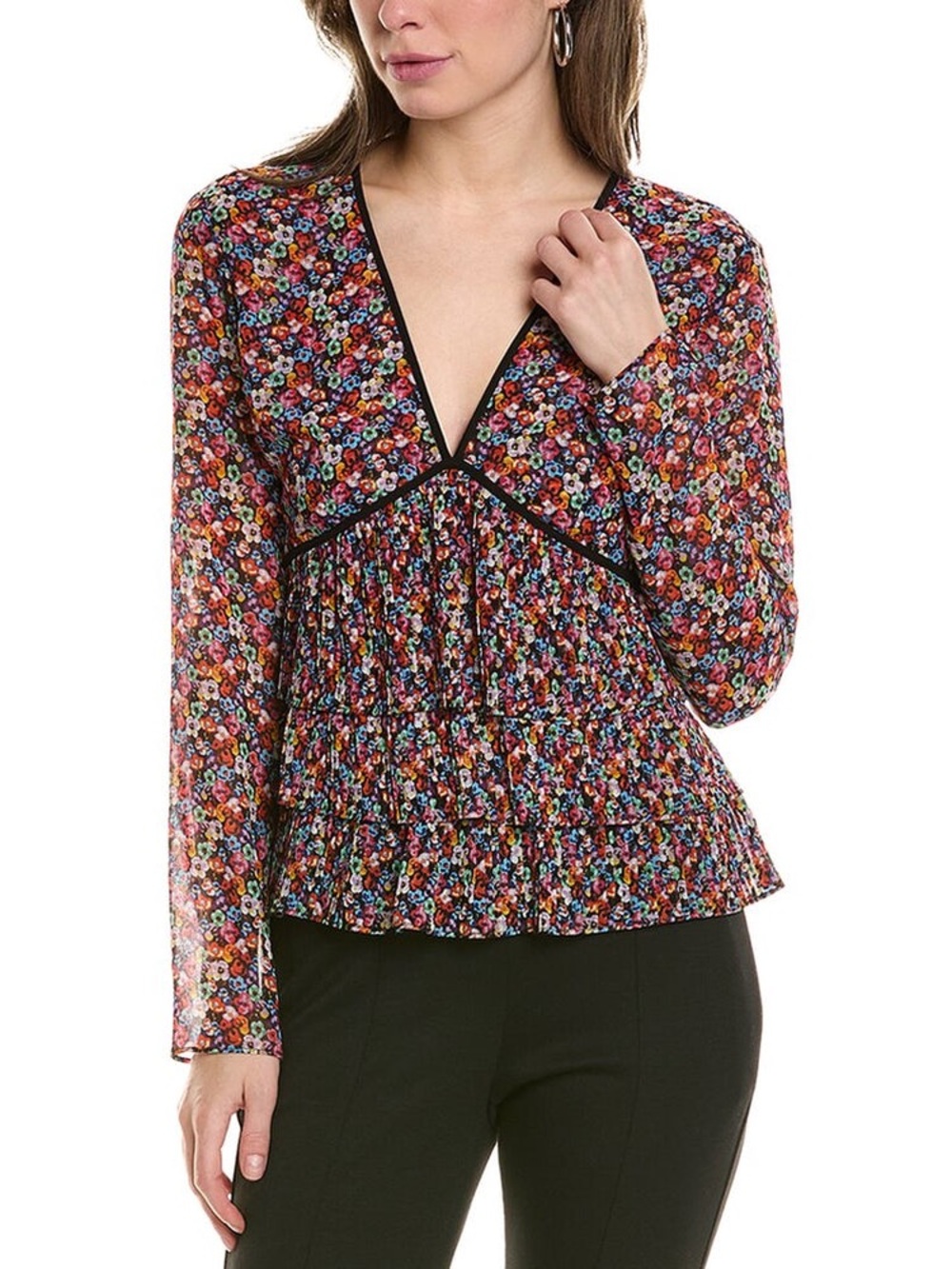 The Kooples Black-Trim Multicolor Floral V-Neck Pleated Blouse